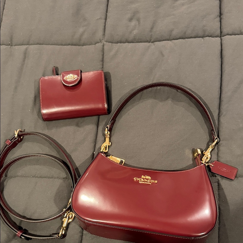 Coach Terry Burgundy Leather Shoulder Bag + Wallet Set